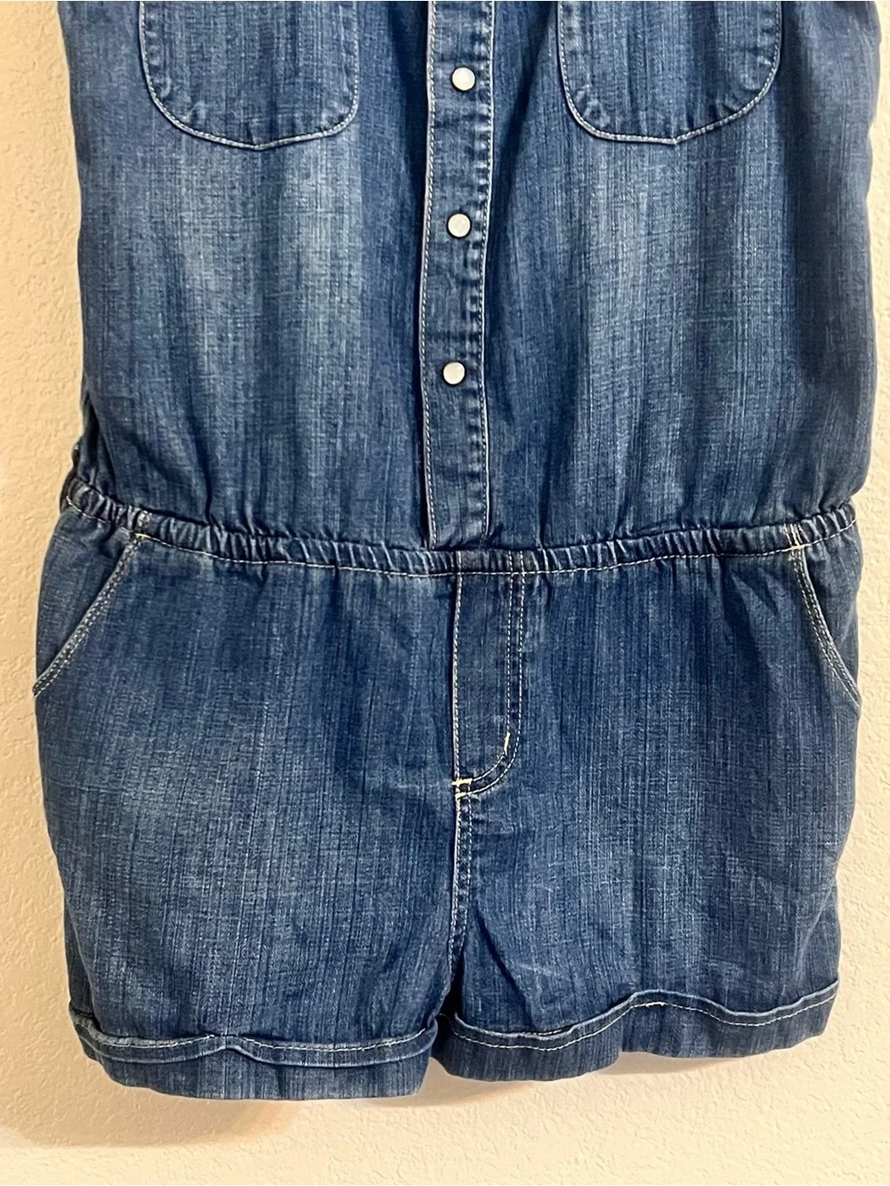 Roxy  Blue Denim Romper Shorts casual relaxed summer strapless classic vacation